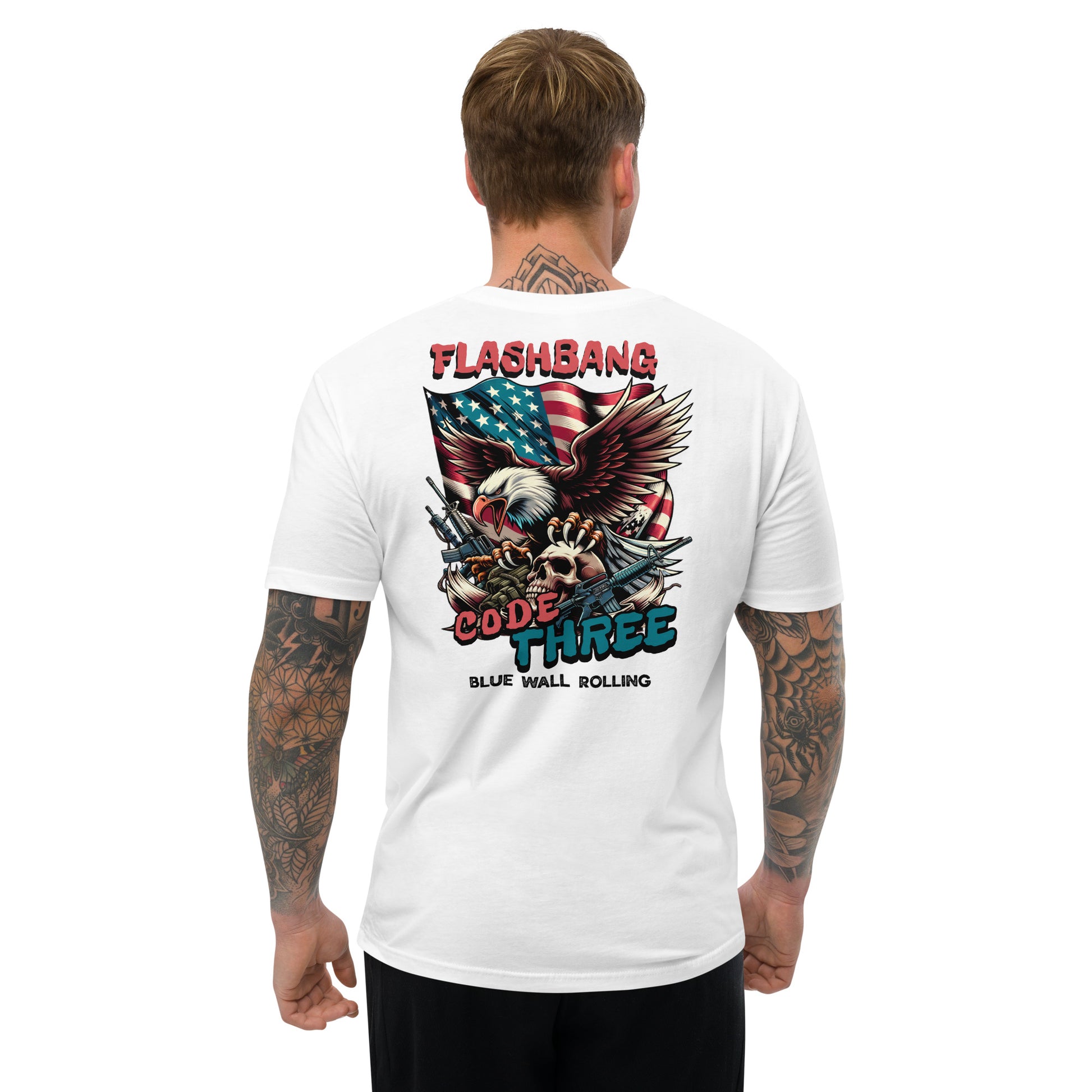 Man wearing a white t-shirt with a graphic design on the back, featuring an eagle and text.