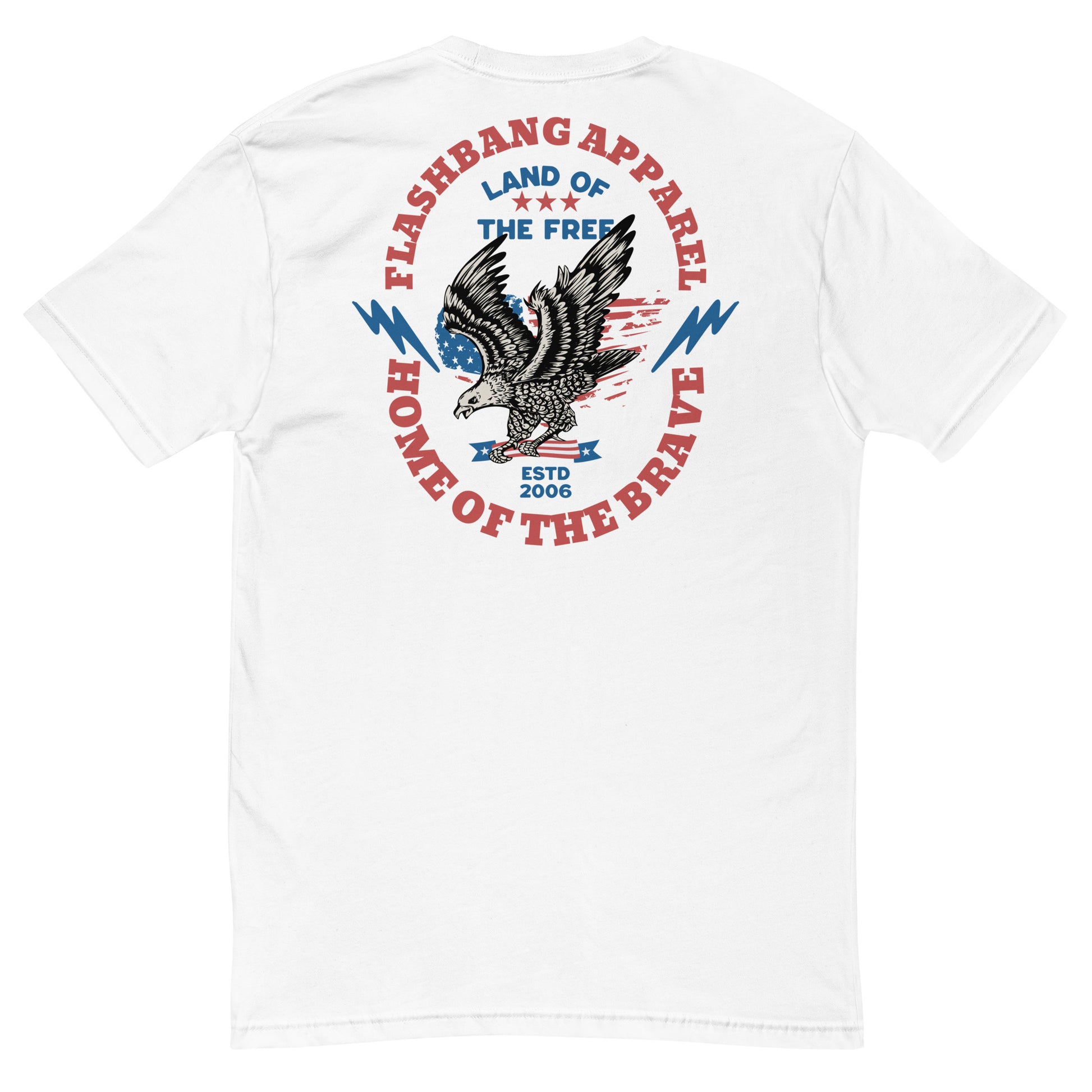 White t-shirt with patriotic design featuring an eagle and text on a white background