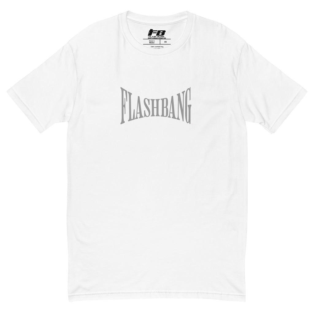 Warrior T-shirt - Train Hard Stay Ready. Veteran support, rugged durability, and powerful quotes for men who train hard - Front View - White with Flashbang Text