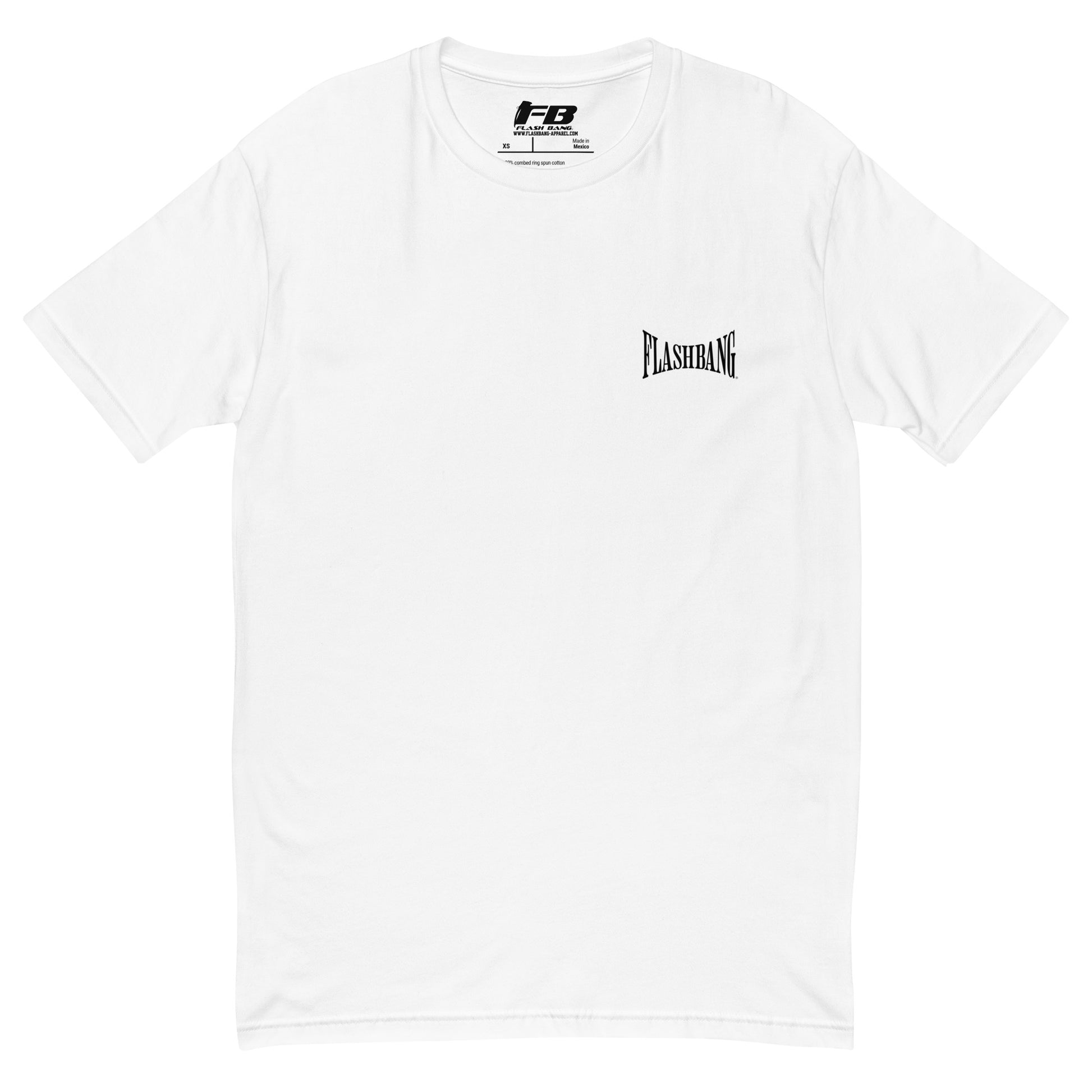 Authentic Black T-shirt with City of Angels letter graphic, black print tee design - rugged, durable, and made for daily wear - Front View -White with Flashbang Text