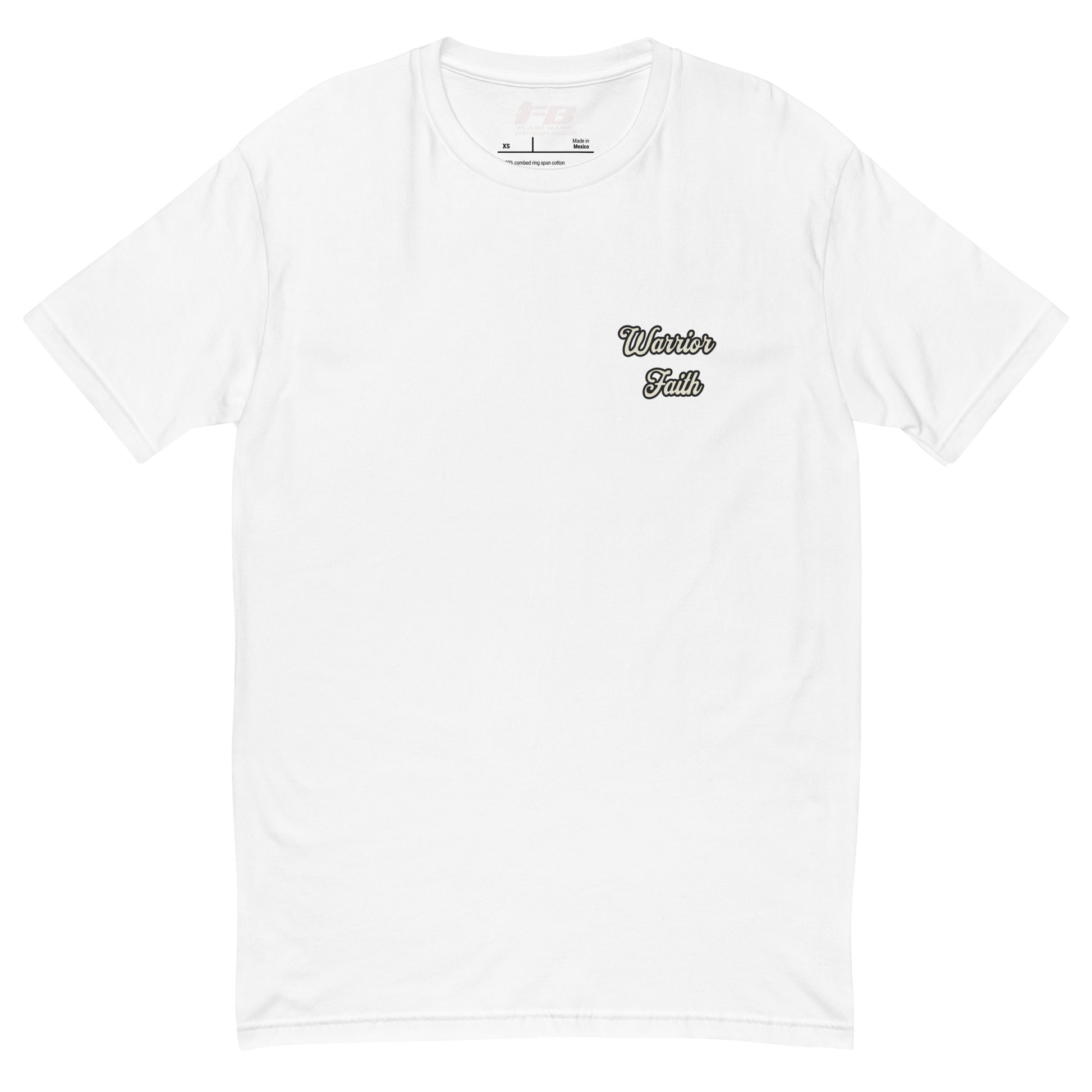 Warrior Faith T-shirt featuring a fighter graphic, symbolizing strength, resilience, and honor, perfect for veterans and those who serve - Front View - White with Warrior Faith Text