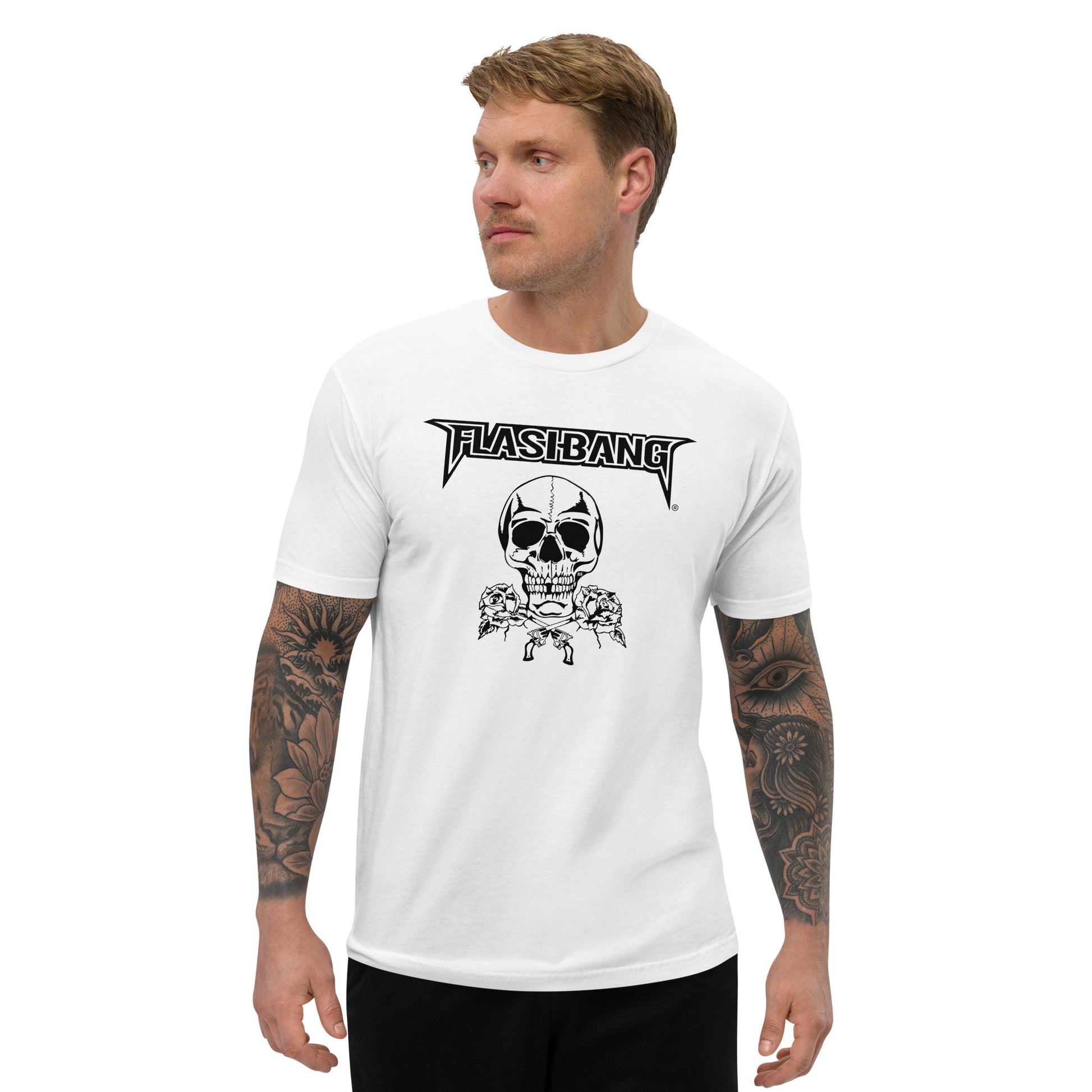 Skull and Roses RS Lite T-shirt featuring bold skull graphic with roses - Front View - White - Model Guy