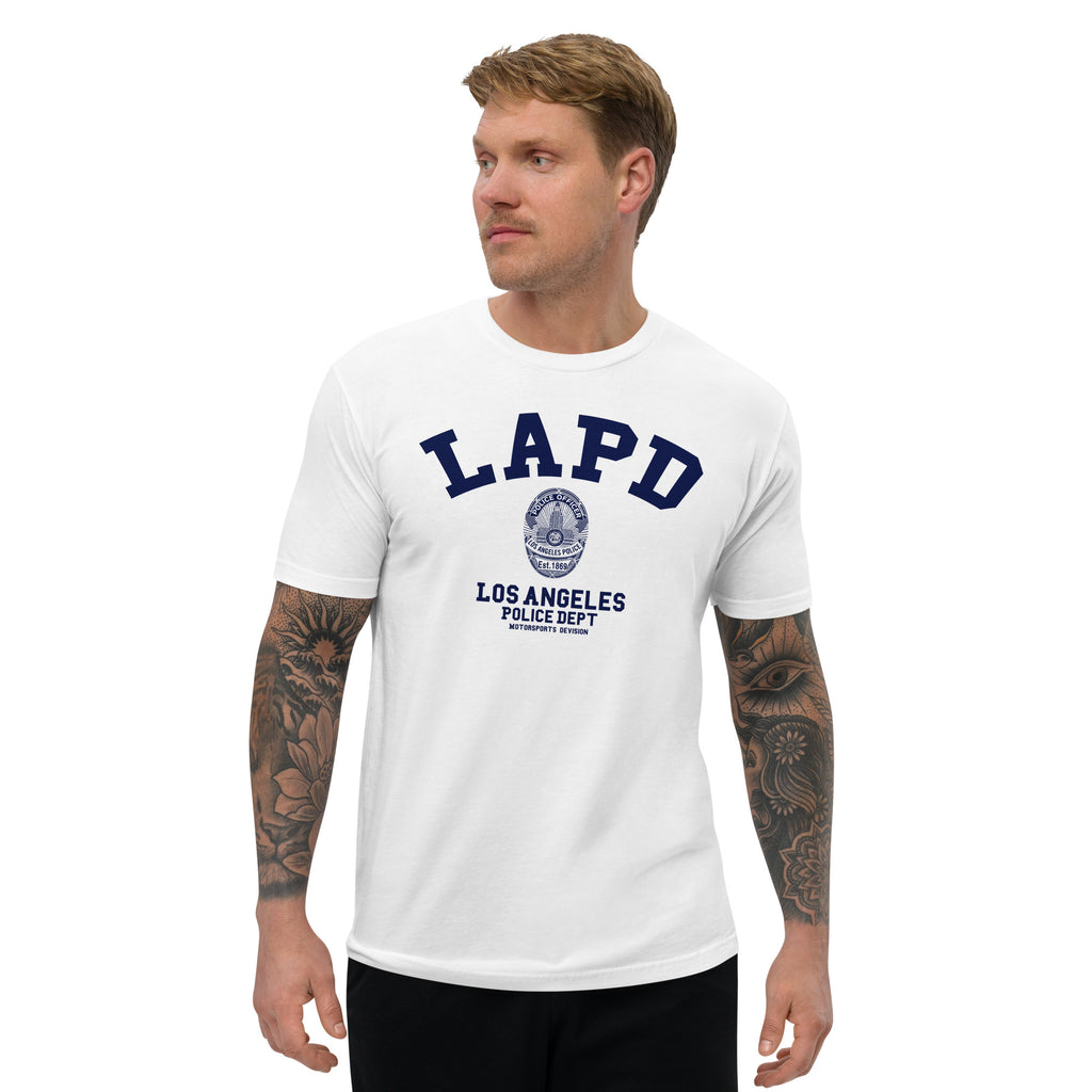 Man wearing a white t-shirt with LAPD Los Angeles Police Dept logo on a white background