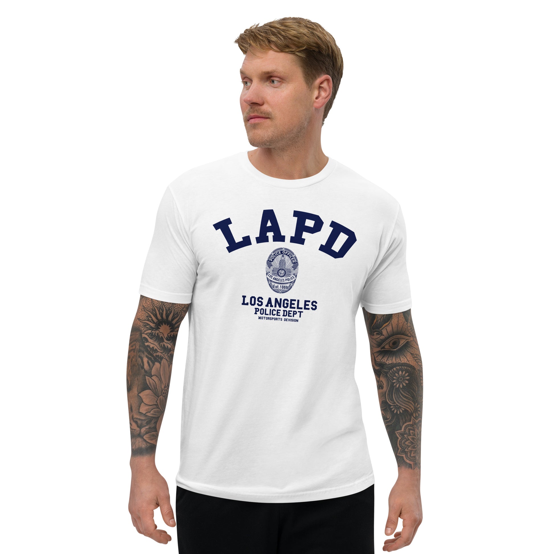 Man wearing a white t-shirt with LAPD Los Angeles Police Dept logo on a white background