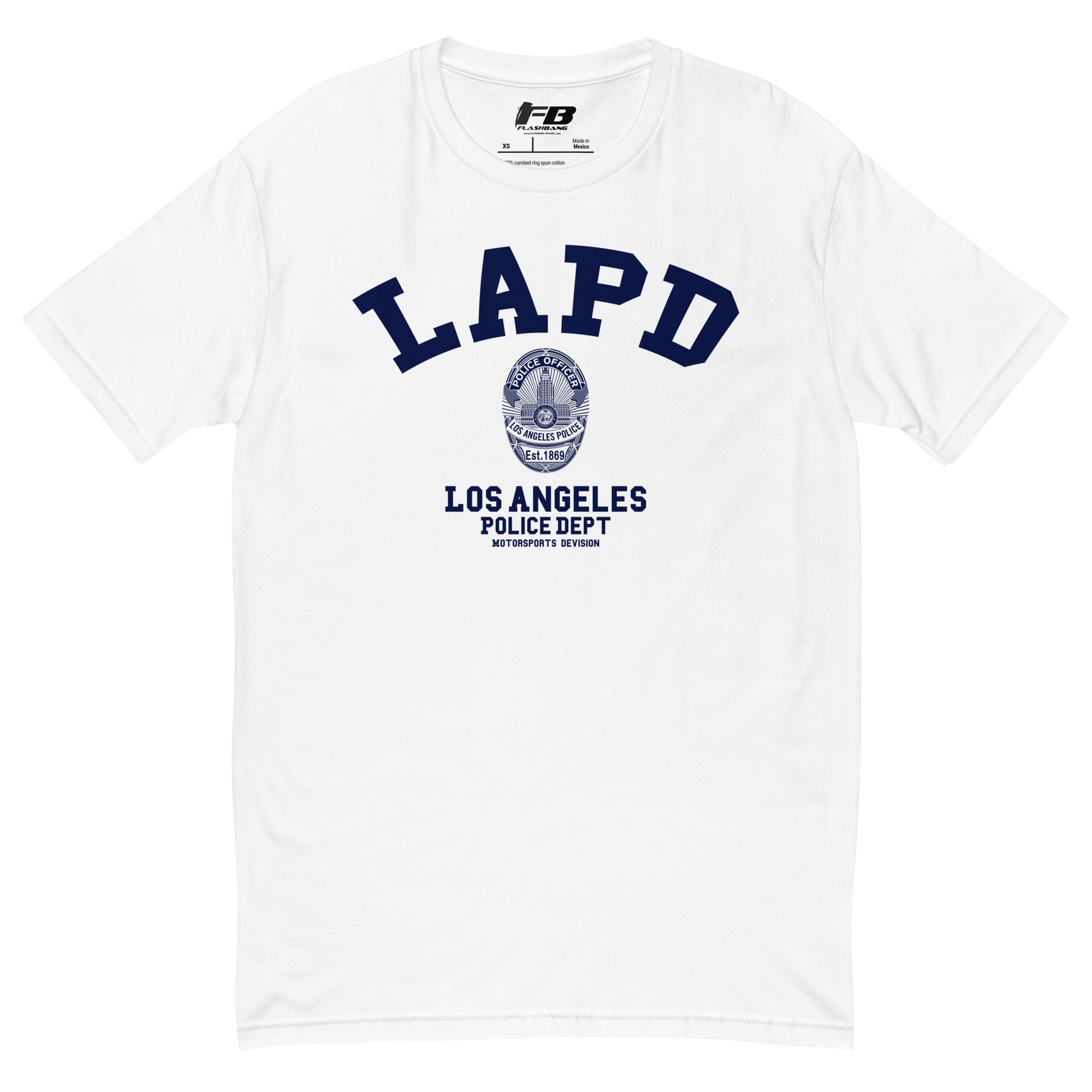 White t-shirt with LAPD Los Angeles Police Dept logo on a white background
