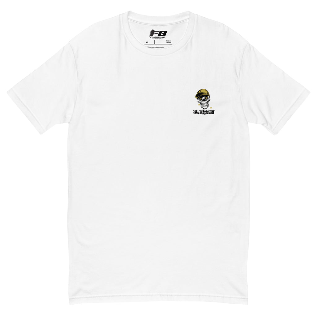 White t-shirt with a skull graphic and text on a white background