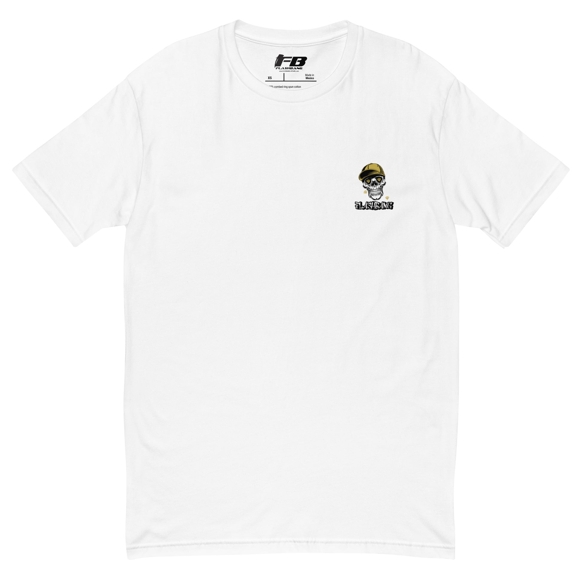 White t-shirt with a skull graphic and text on a white background
