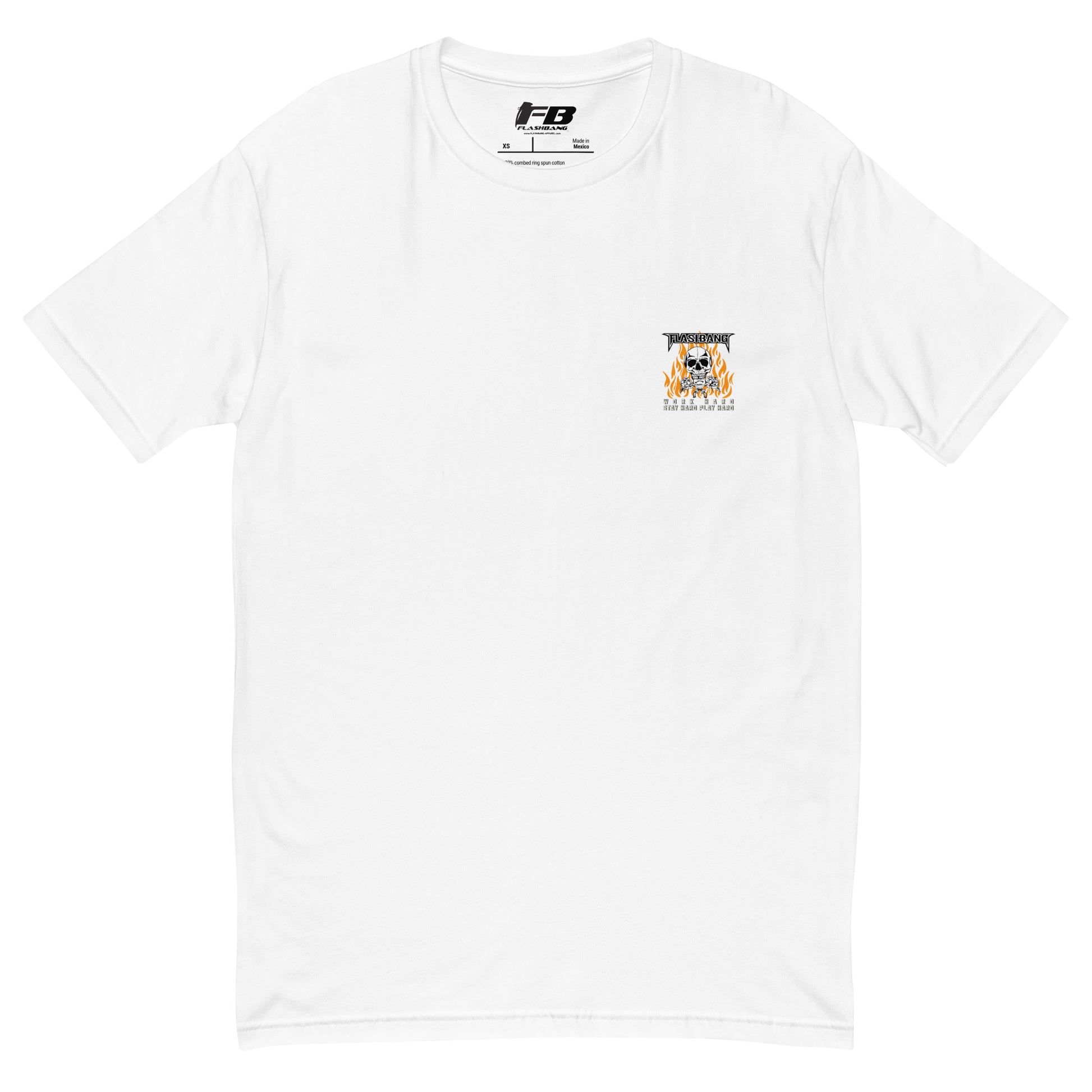 White t-shirt with a small logo on the chest against a white background