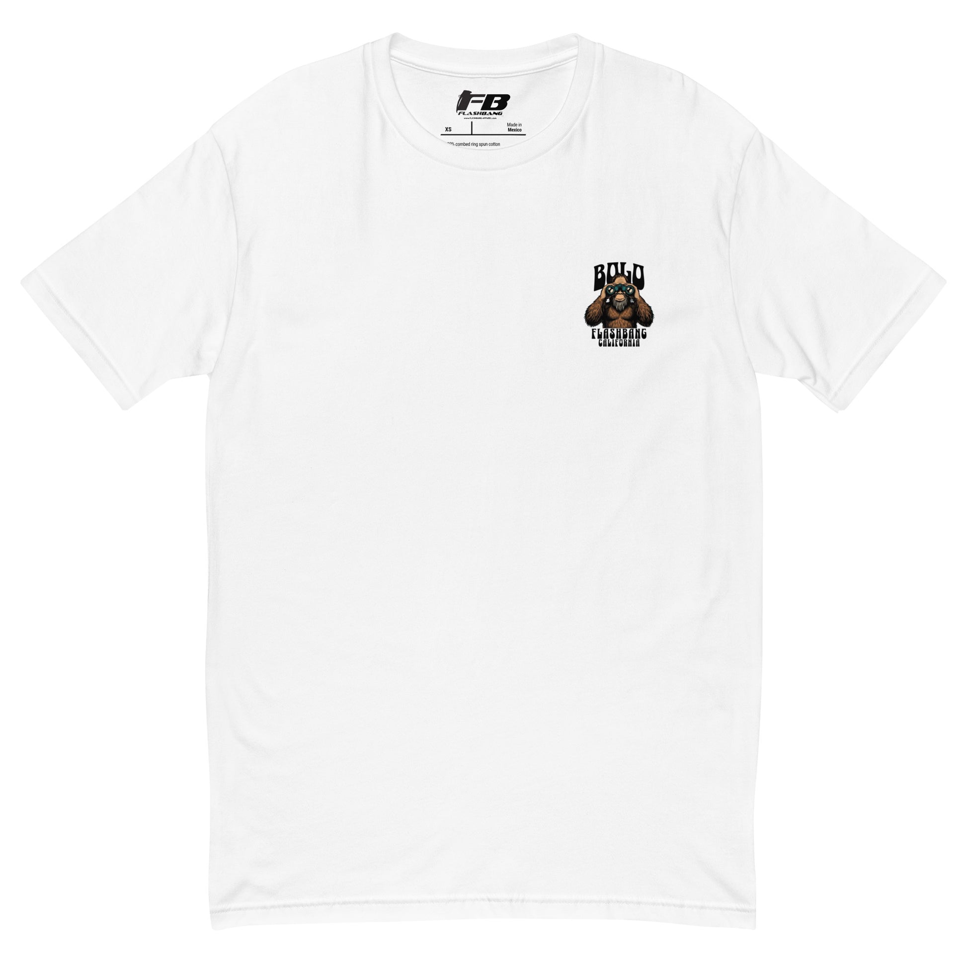 White t-shirt with a dog graphic and text on a white background