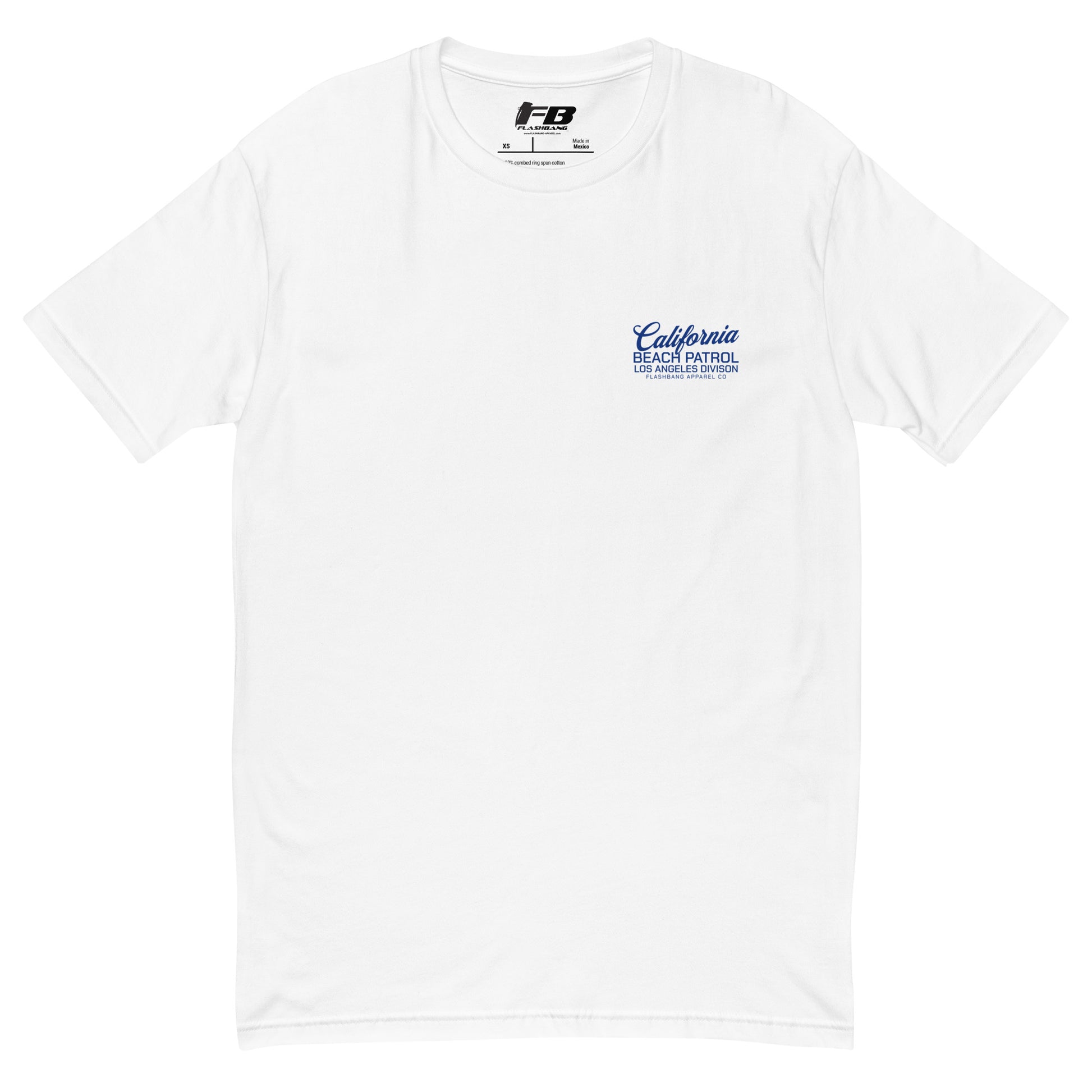 White t-shirt with blue text on a white background