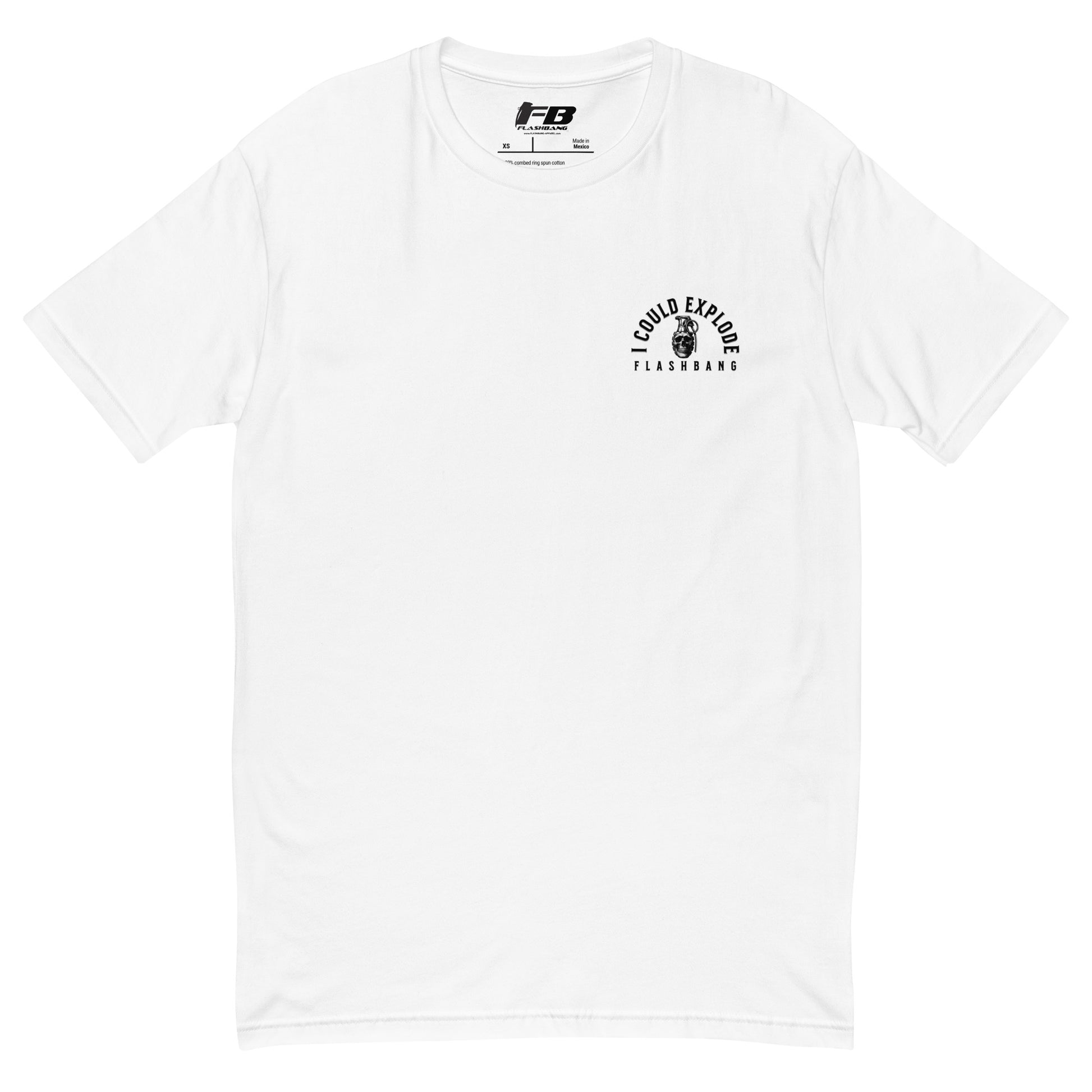 White t-shirt with black graphic design on a white background