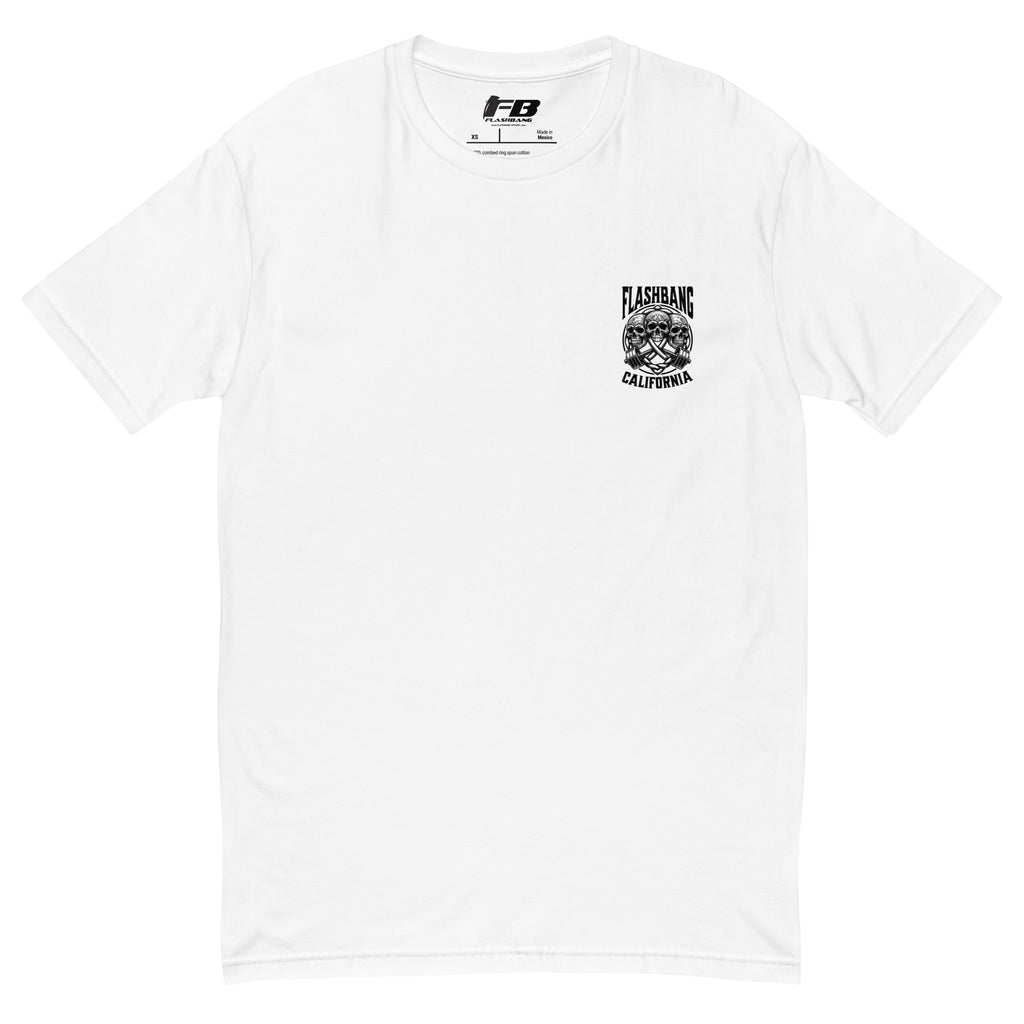 White t-shirt with black graphic design on a white background