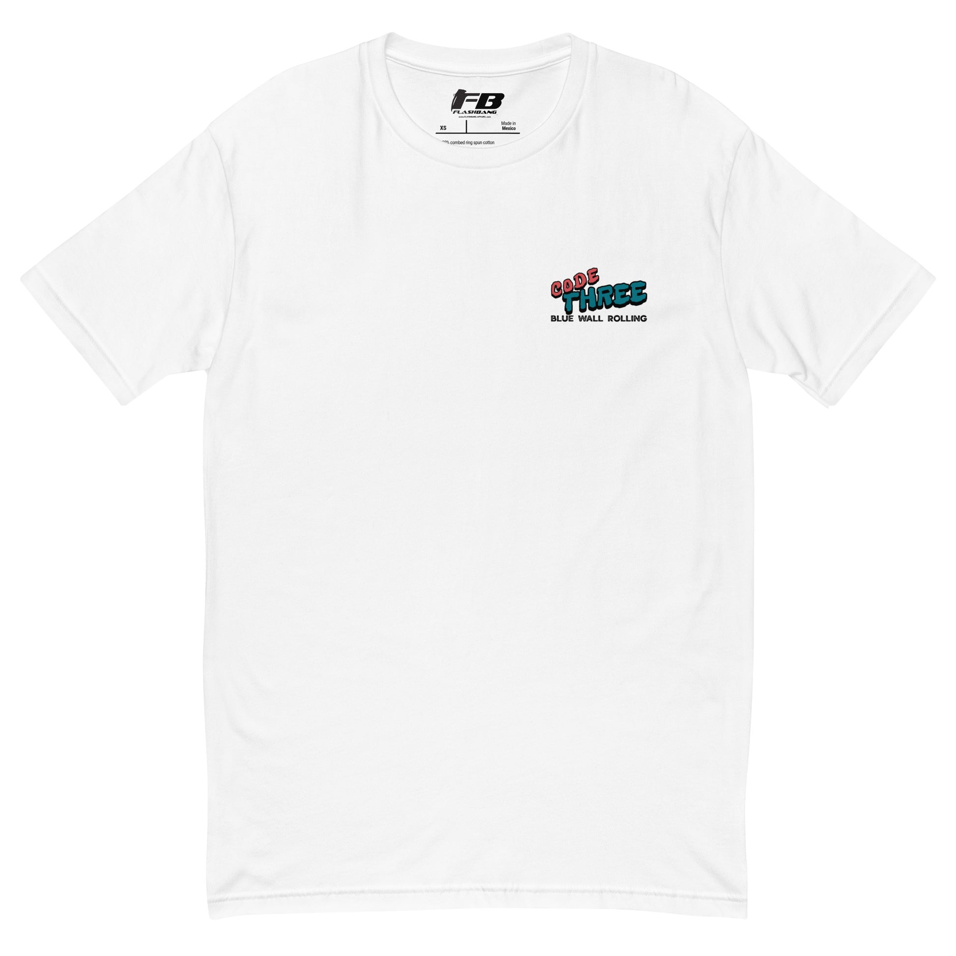 White t-shirt with colorful text and logo on a white background