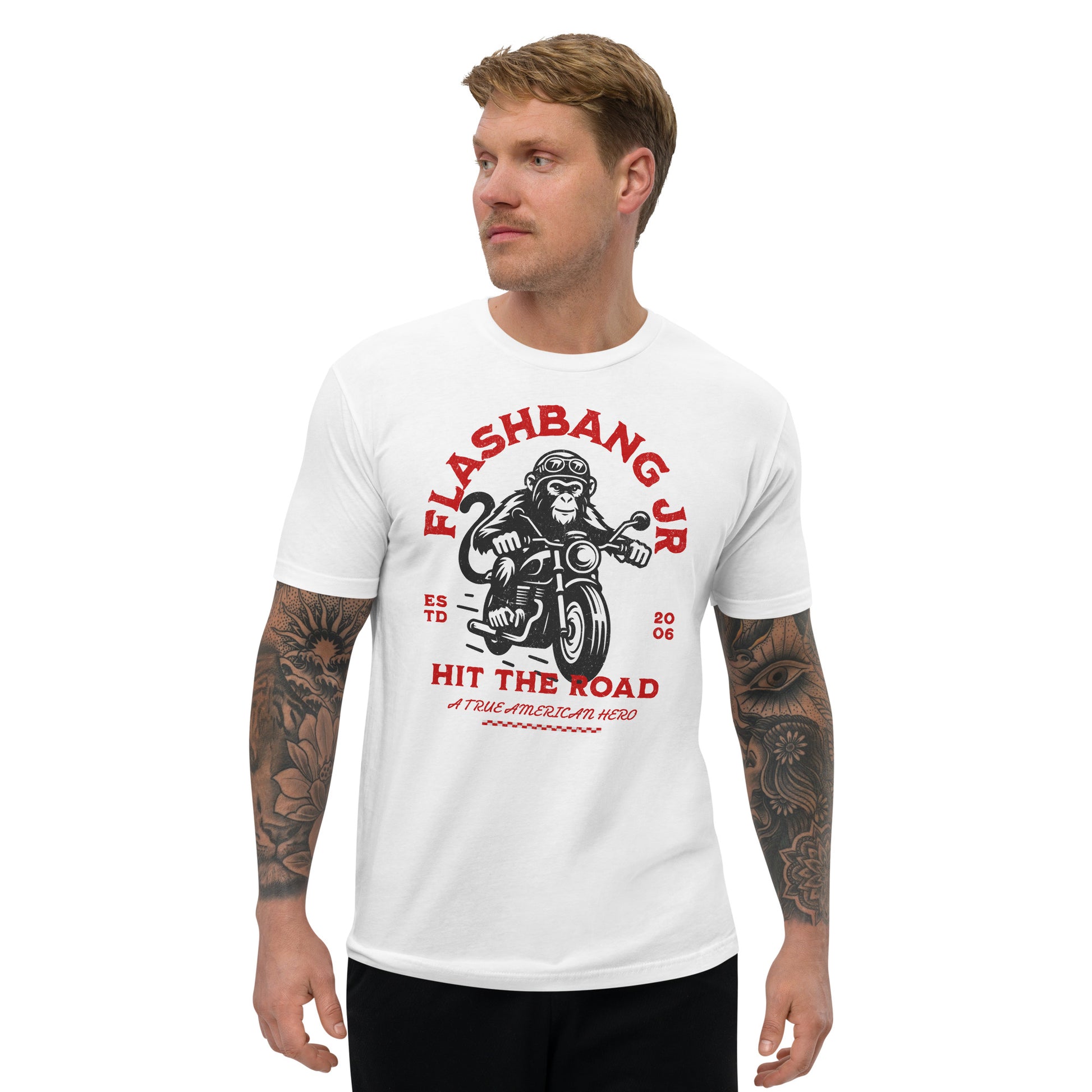 Man wearing a white t-shirt with 'Flashbang Jr' graphic design on a white background