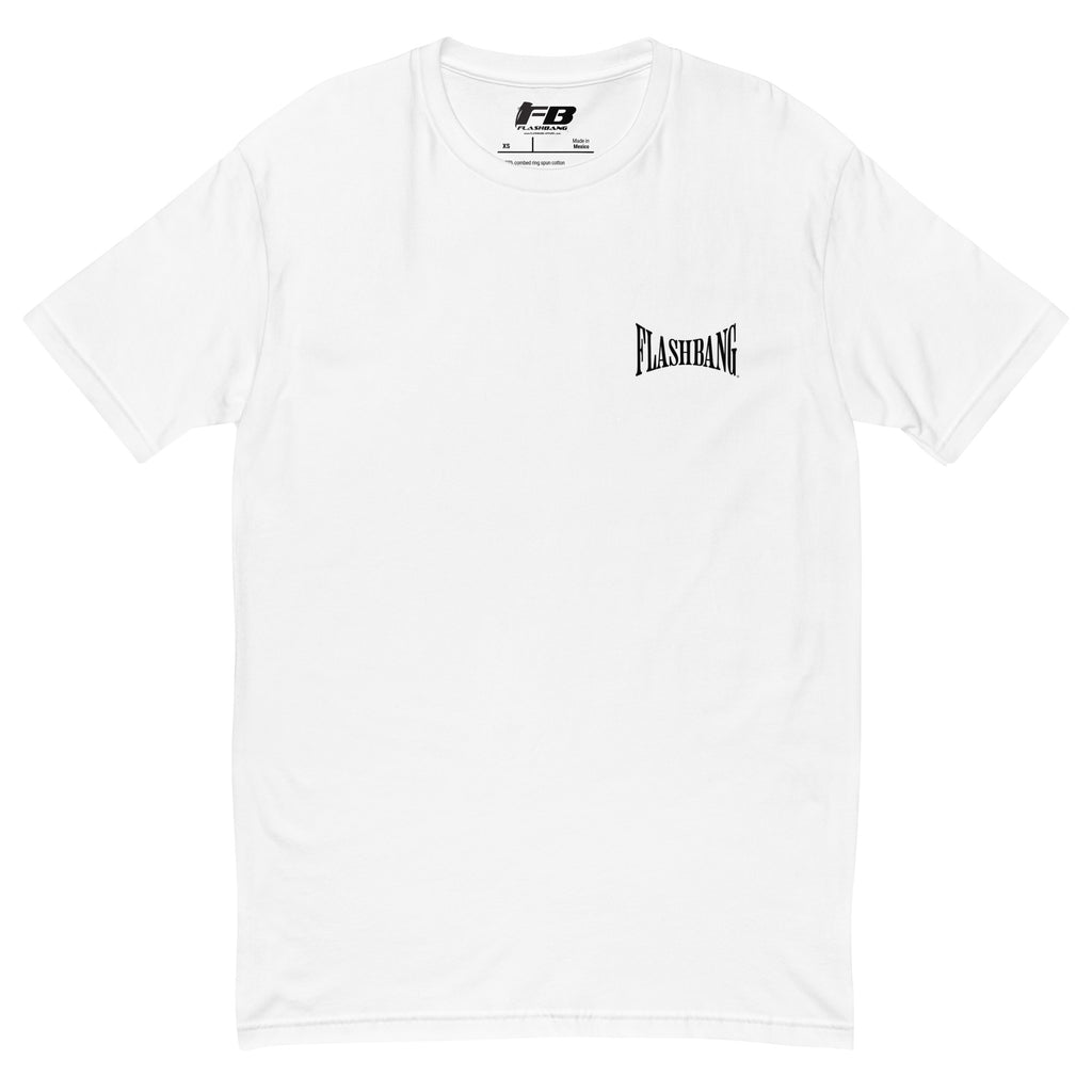 White t-shirt with black logo on a white background