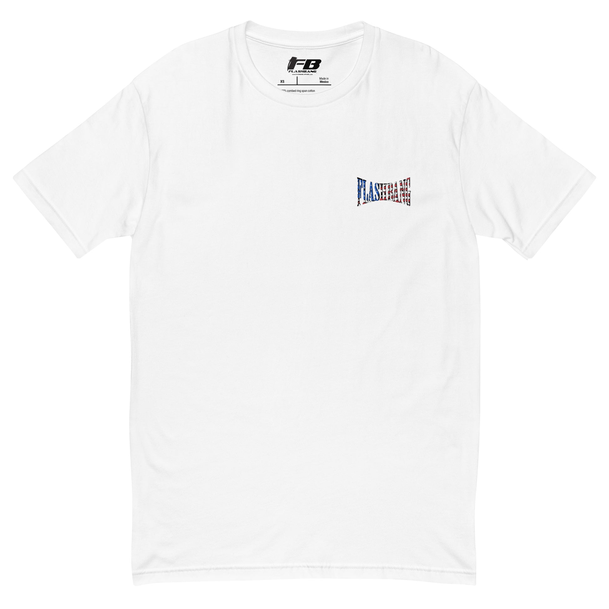 White t-shirt with colorful logo on a white background