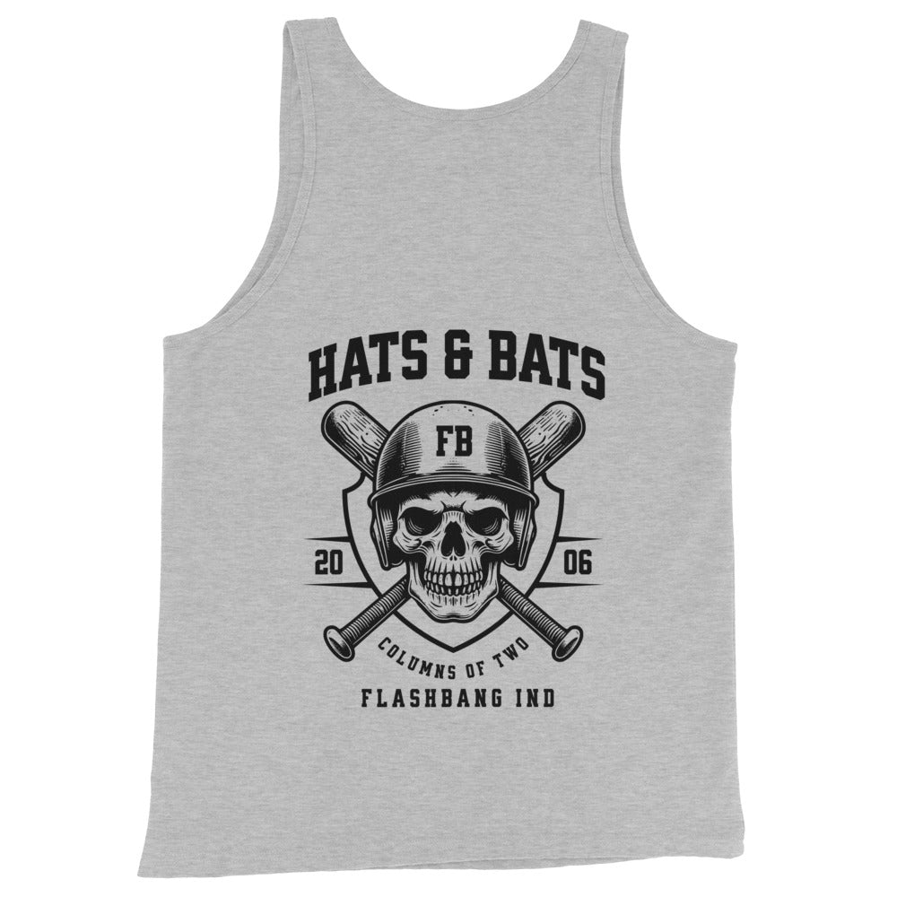 Gray tank top with black graphic design featuring a skull, bats, and text on a white background