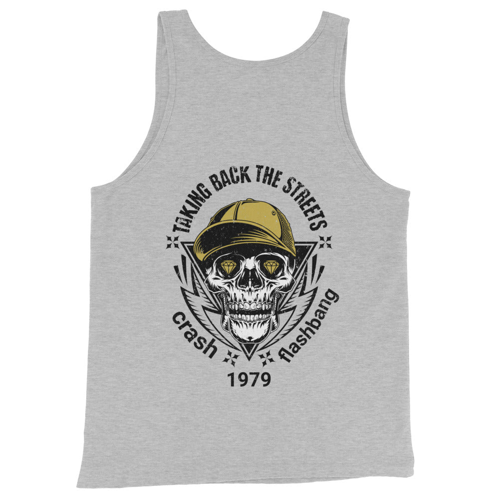 Gray tank top with skull and cap graphic design on a white background