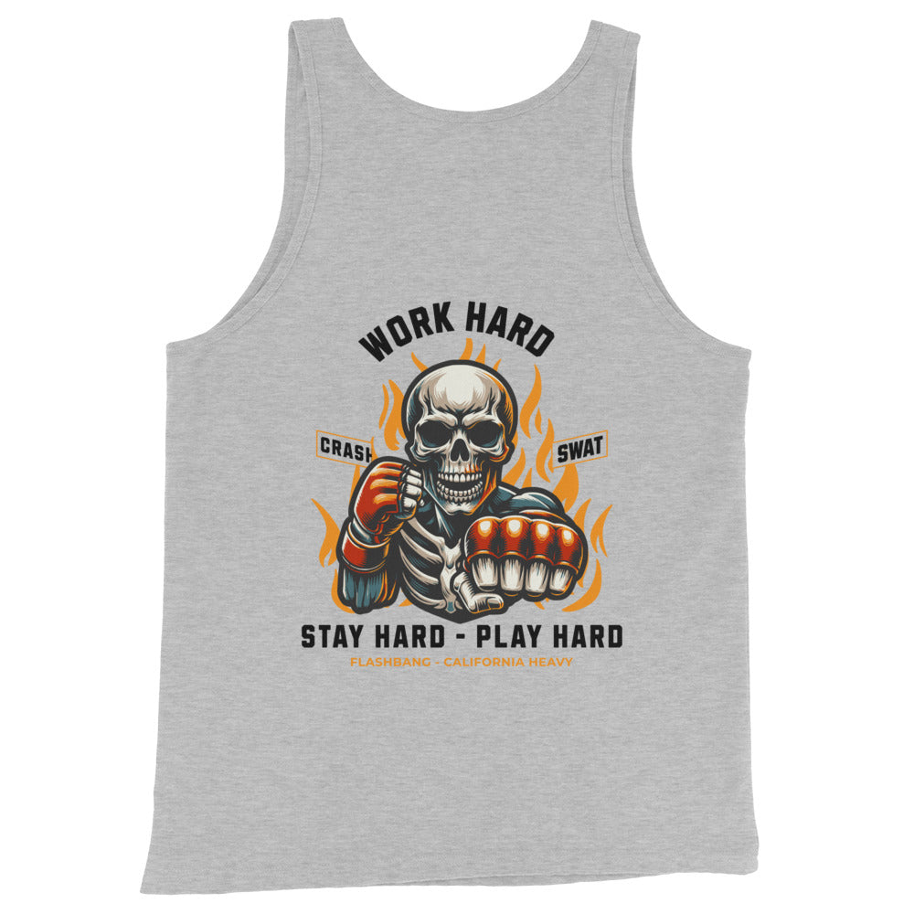 Gray tank top with a skeleton design and motivational text on a white background