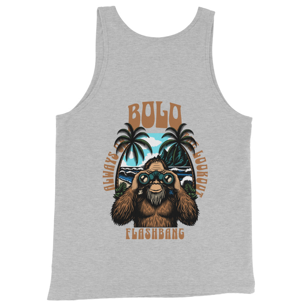 Gray tank top with a graphic of a bear, palm trees, and text on a white background