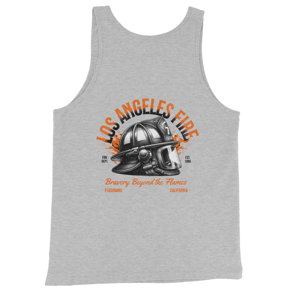 Gray tank top with a fire helmet graphic and text on a white background