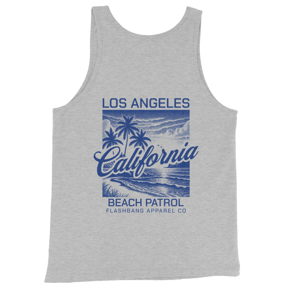 Gray tank top with blue 'Los Angeles California Beach Patrol' design on a white background