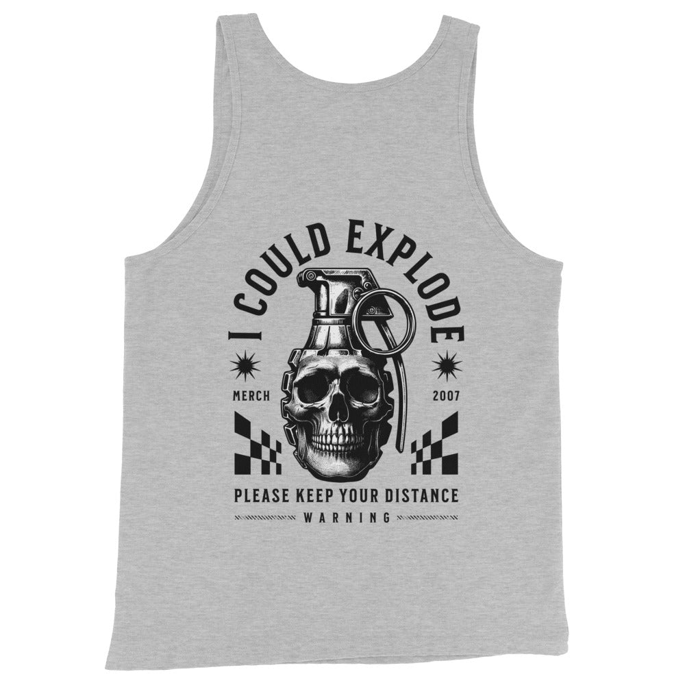 Gray tank top with a graphic design featuring a skull and grenade on a white background