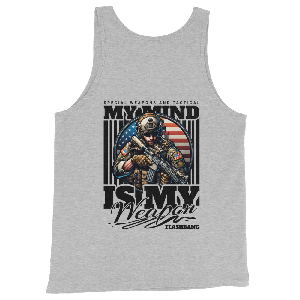 Gray tank top with graphic design featuring a soldier and text on a white background