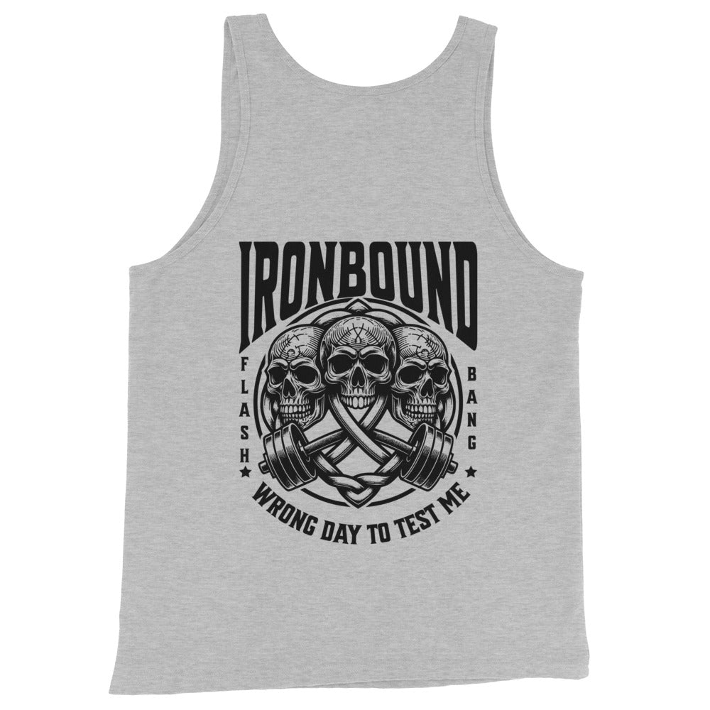 Gray tank top with black graphic design featuring skulls and text on a white background