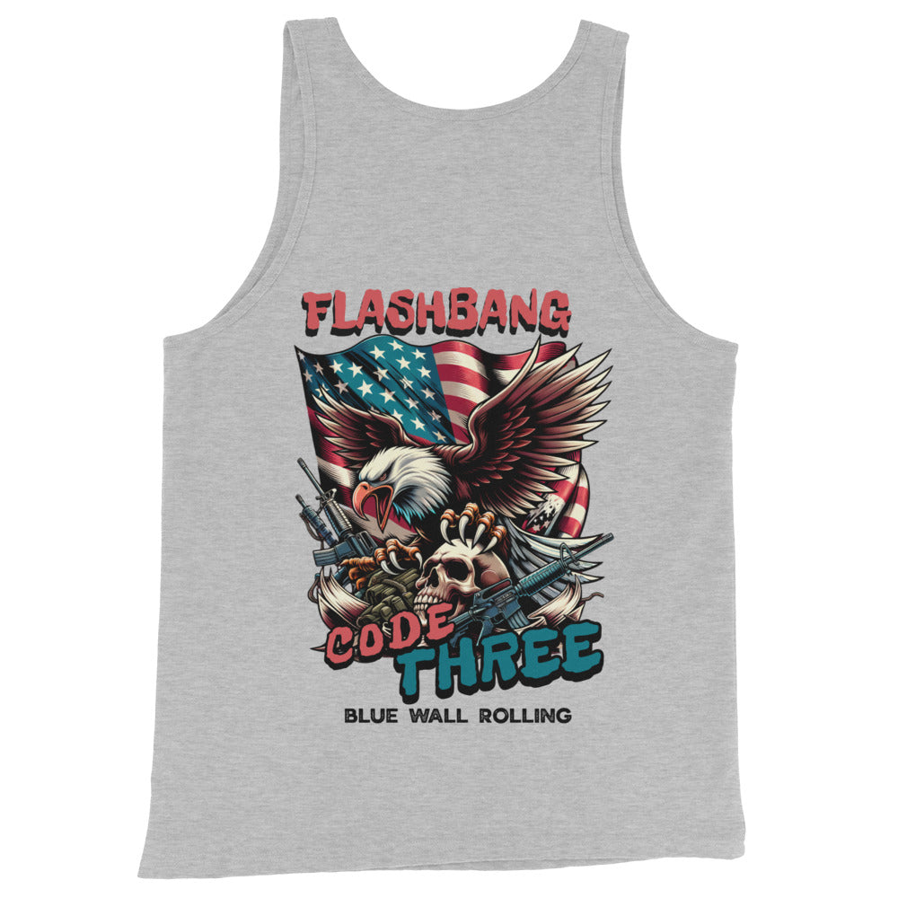 Gray tank top with 'Flashbang Code Three' graphic design featuring an eagle, American flag, and skull.