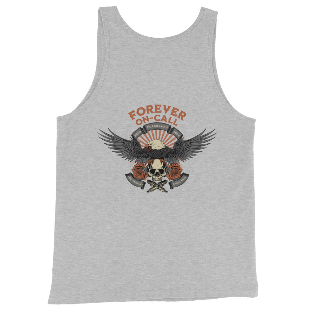 Gray tank top with a graphic design featuring an eagle, skull, and text on a white background