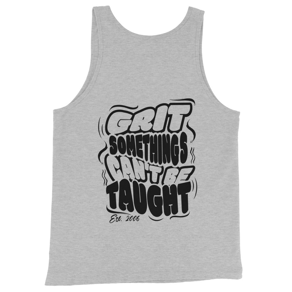 Gray tank top with black text on a white background