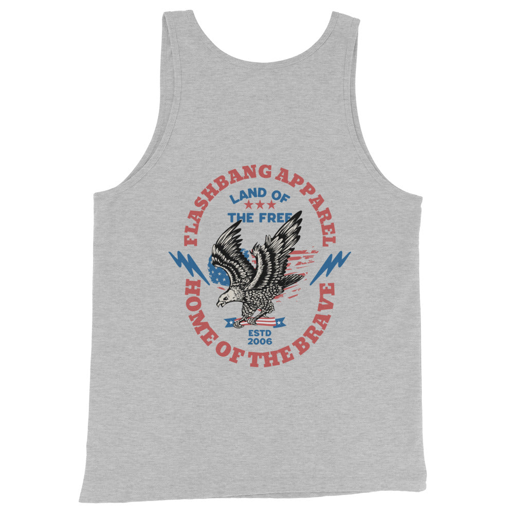Gray tank top with an eagle design and text on a white background