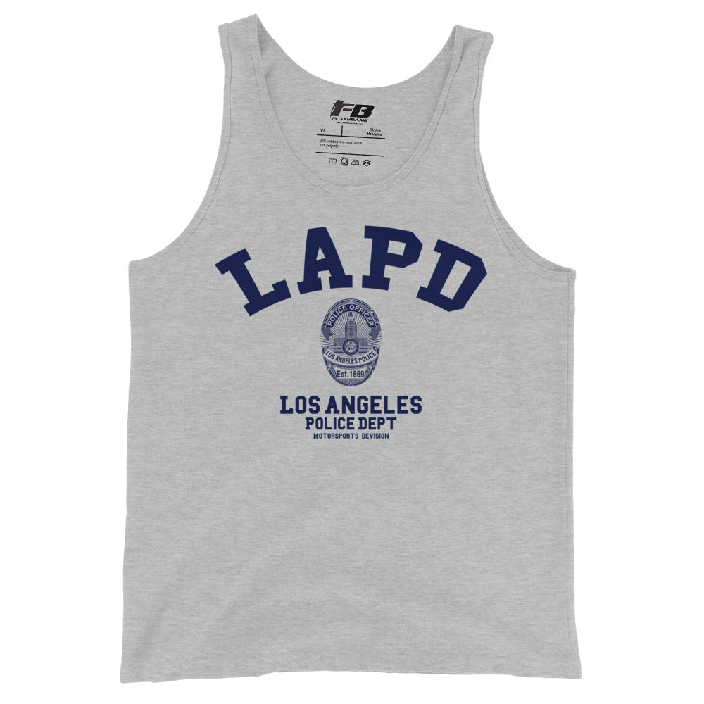 Gray tank top with LAPD Los Angeles Police Dept text and logo on a white background