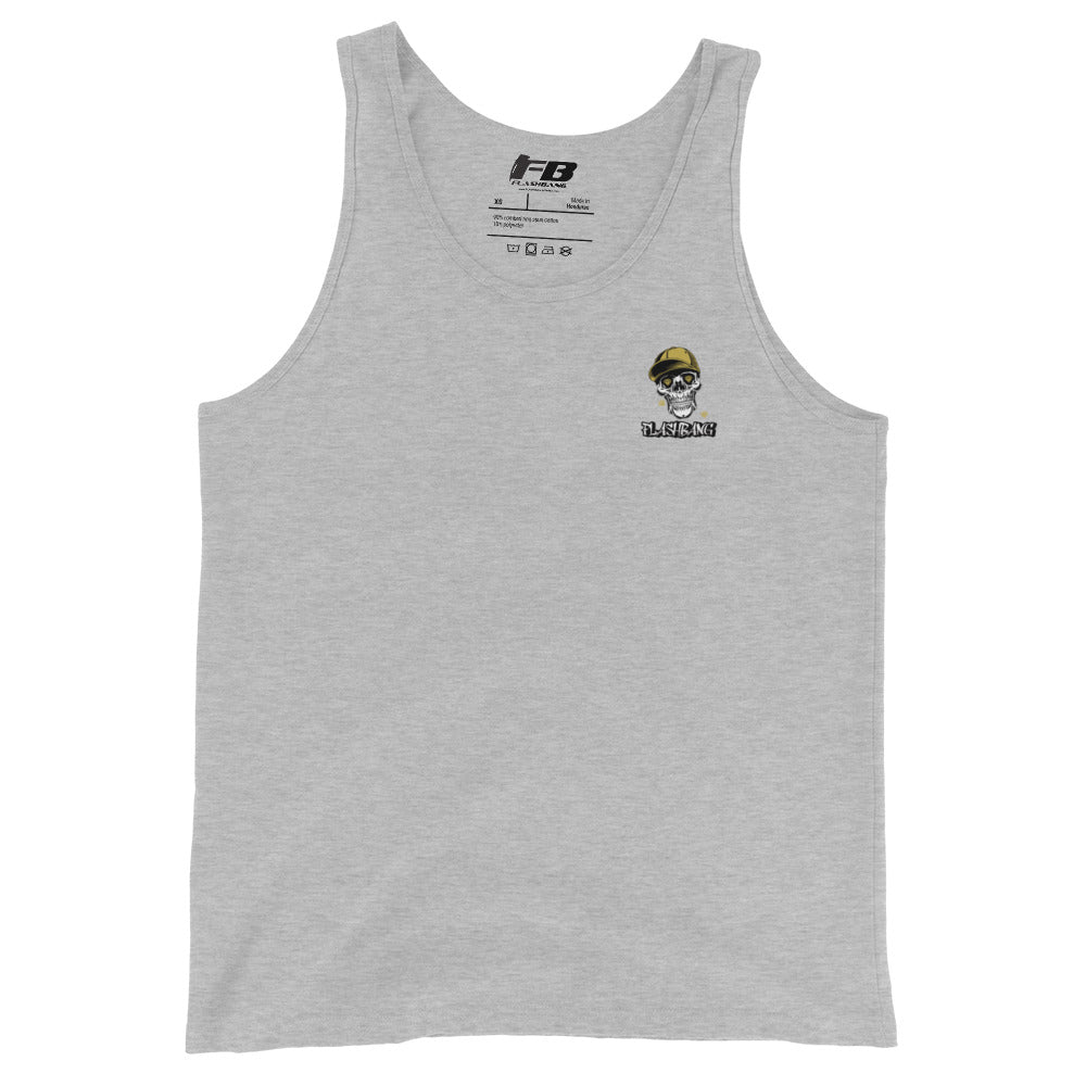 Gray tank top with a small logo on the chest against a white background