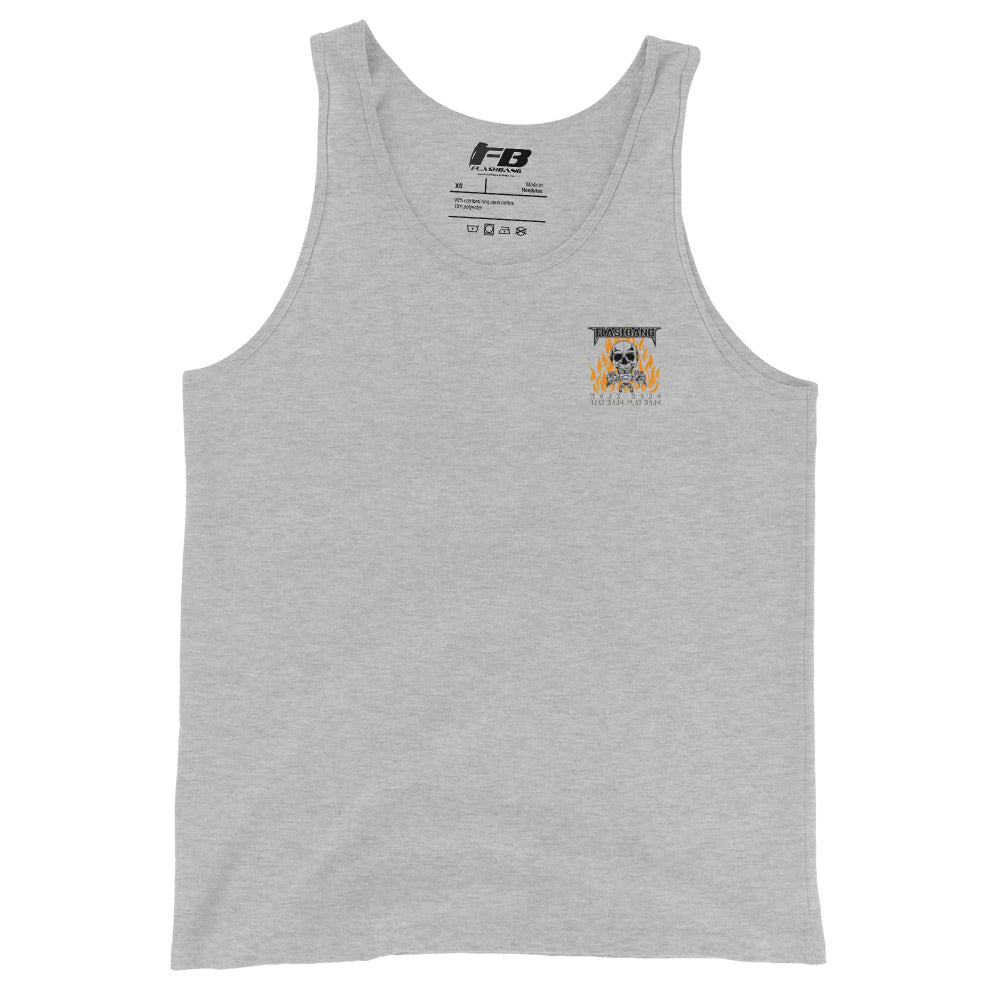 Gray tank top with a logo on the chest against a white background