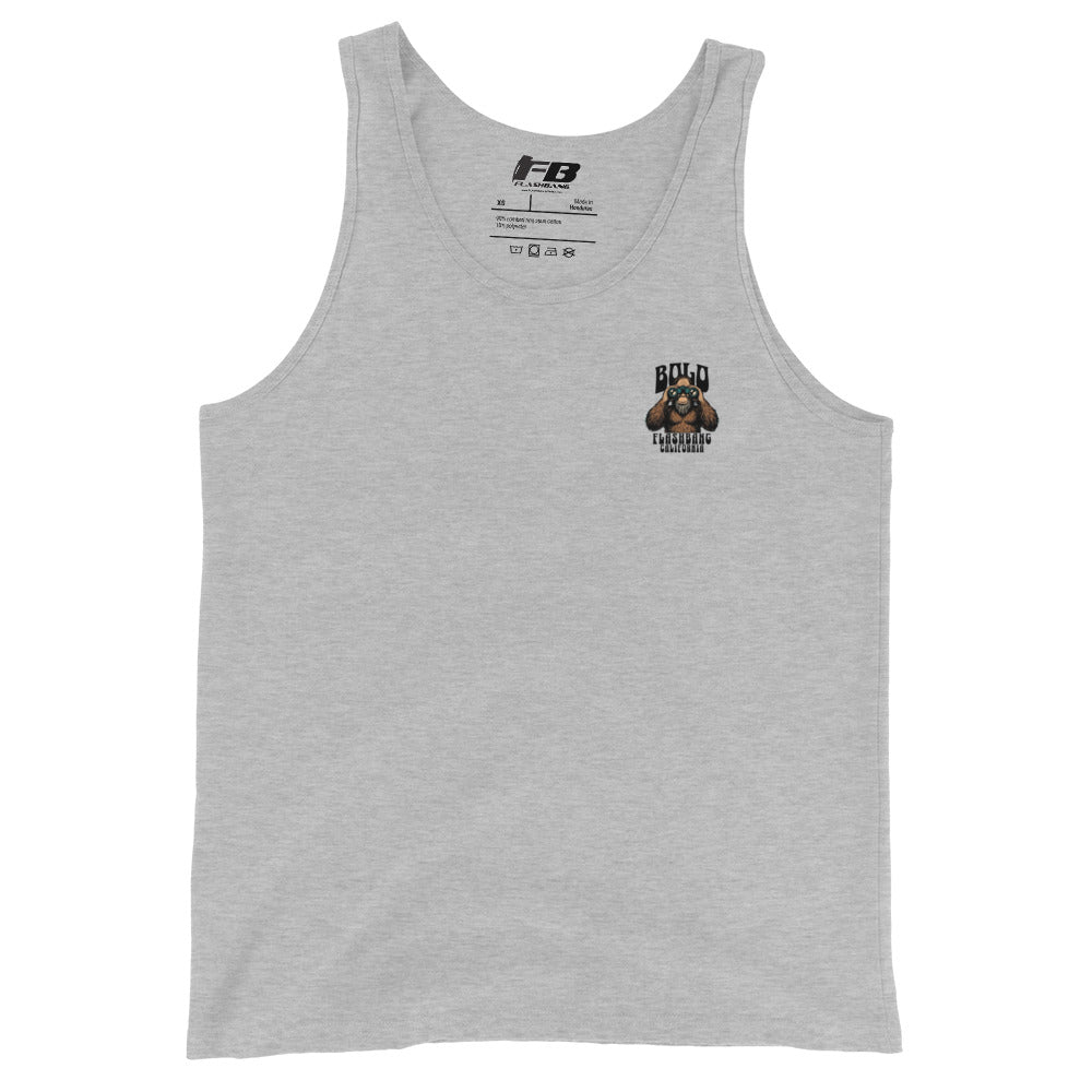 Gray tank top with a logo on the chest against a white background