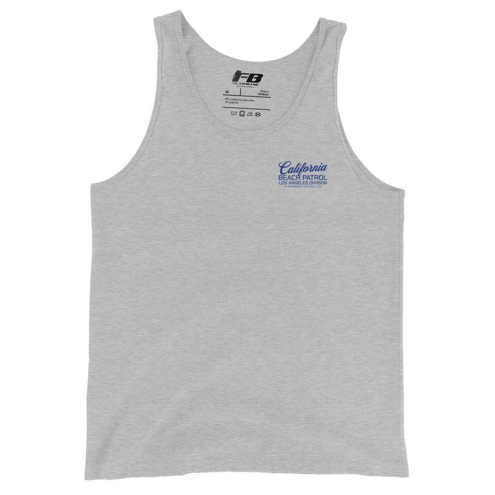 Gray tank top with 'California Beach Patrol' text on a white background