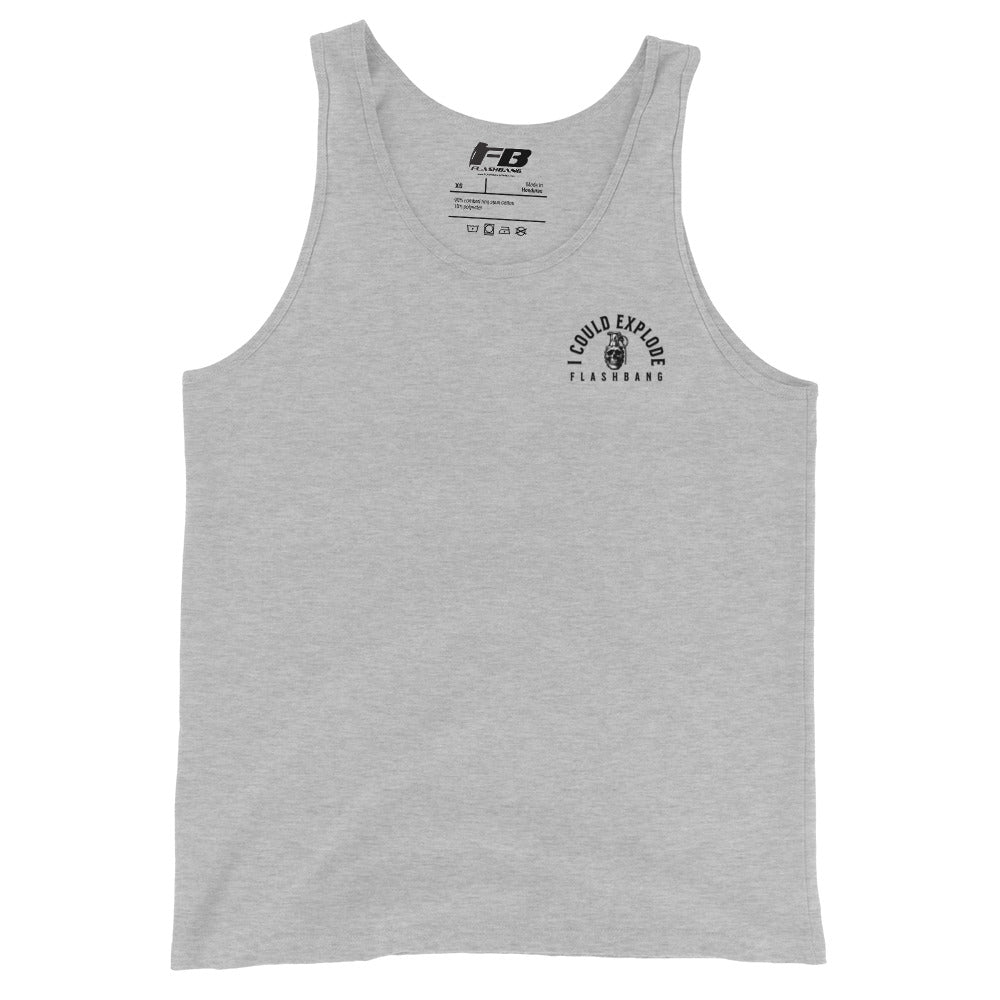 Gray tank top with branding on a white background