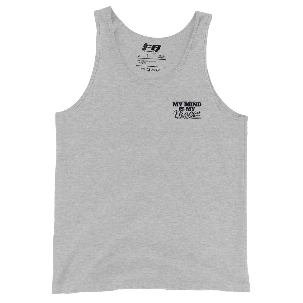 Gray tank top with black text on a white background