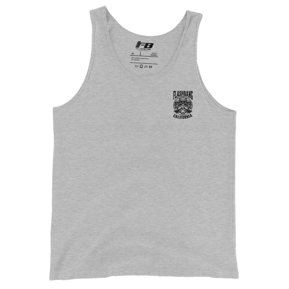 Gray tank top with a logo on the chest against a white background