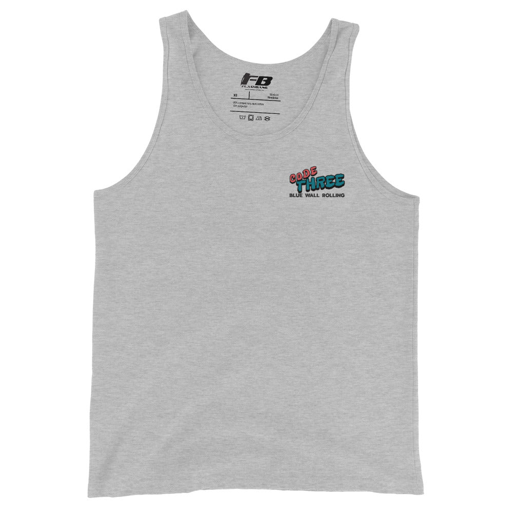 Gray tank top with branding on a white background