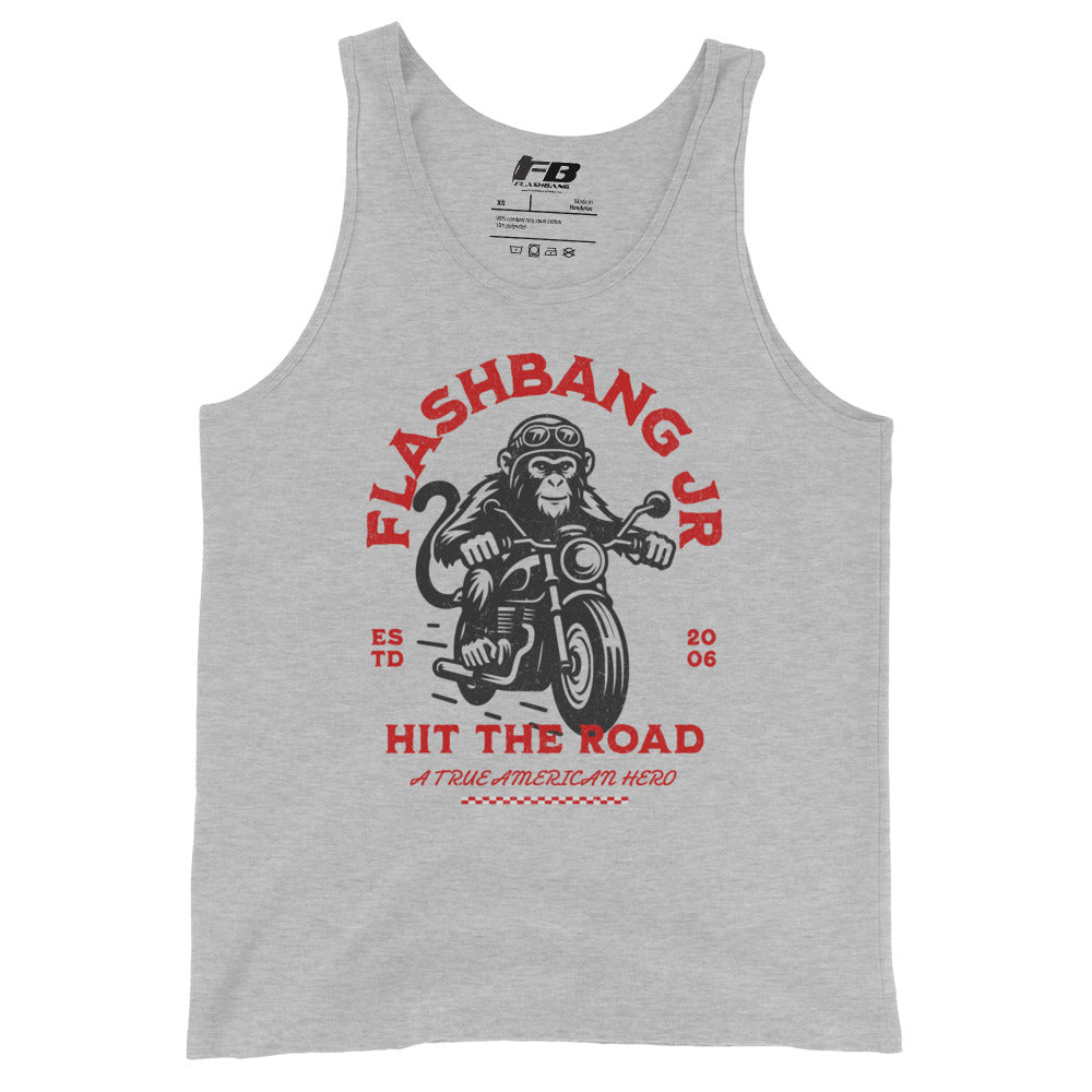 Gray tank top with monkey on a motorcycle graphic and text on a white background