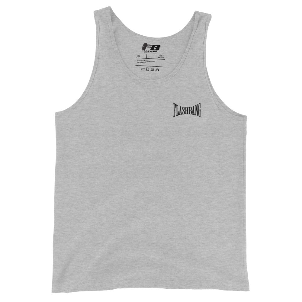 Gray tank top with 'Flashbang' branding on a white background