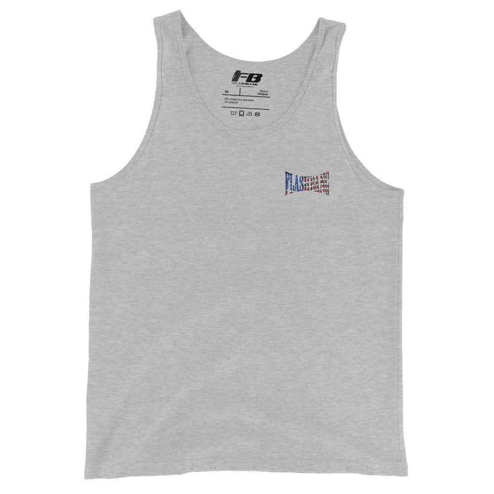 Gray tank top with a small logo and text on a white background