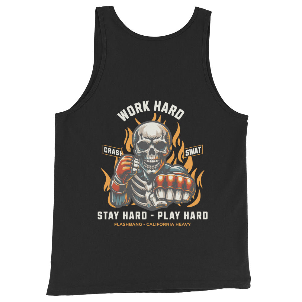 Black tank top with a graphic design of a skeleton holding a gun and text on a white background
