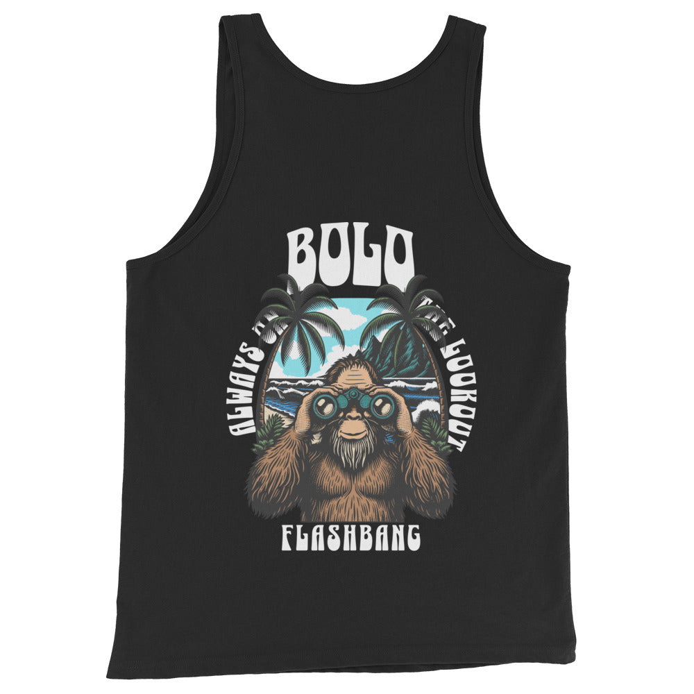 Black tank top with a graphic design of an orangutan and text on a white background