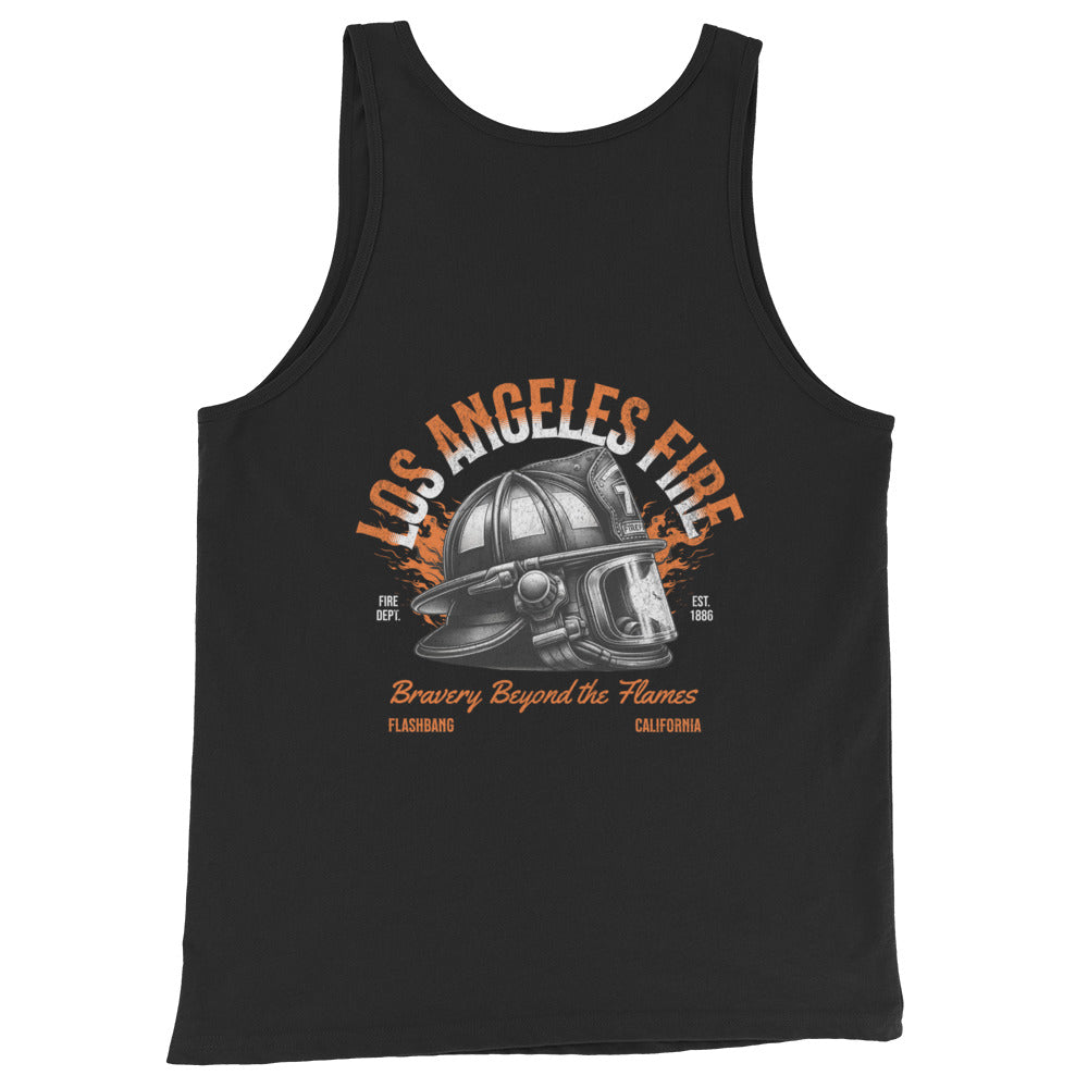 Black tank top with Los Angeles Fire Department graphic on a white background