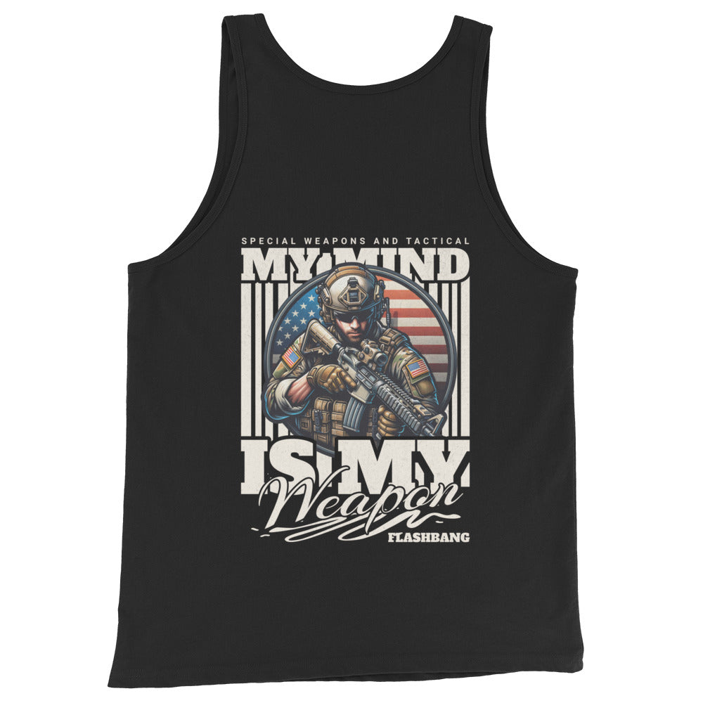 Black tank top with graphic design featuring a soldier and text on a white background