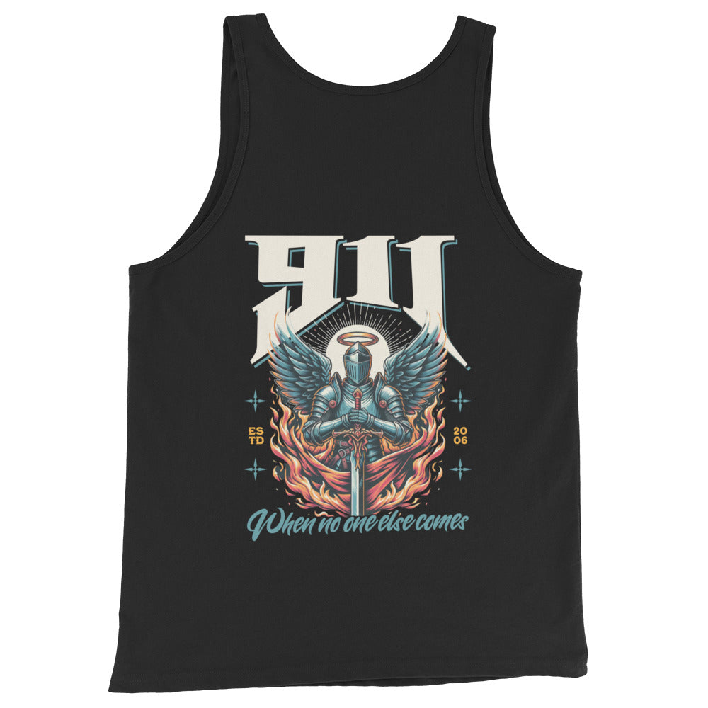 Black tank top with graphic design and text on a white background